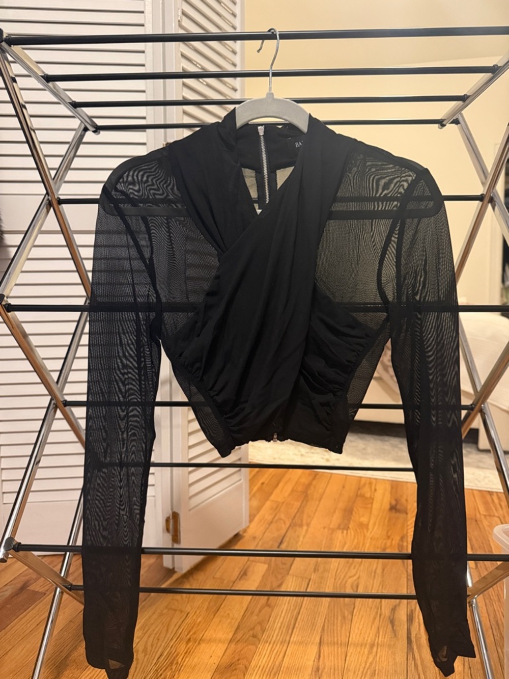 Black Mesh Wrap-Front Crop Top - Women